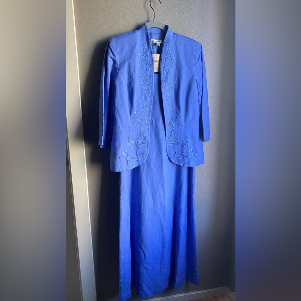 NWT Coldwater Creek 2pc Rose Flrl Emb Linen Maxi Dress, Size 6, Color Blue.